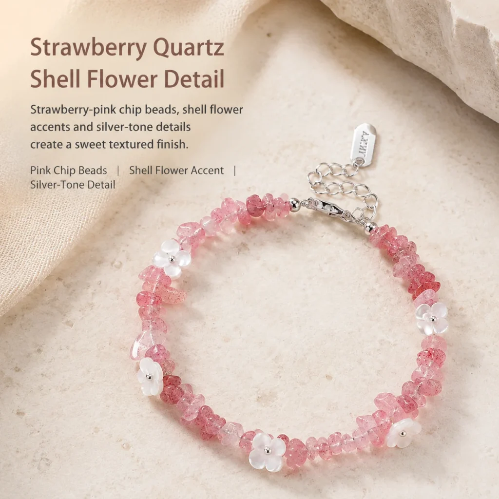 Strawberry Quartz Shell Flower Bracelet 4 strawberry quartz shell flower bracelet material detail image