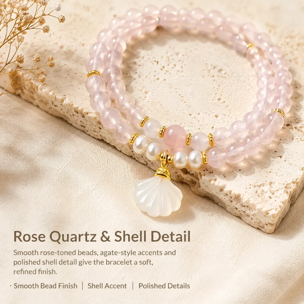 Rose Quartz Agate Shell Double-Wrap Bracelet 4 rose quartz agate shell double-wrap bracelet material detail image