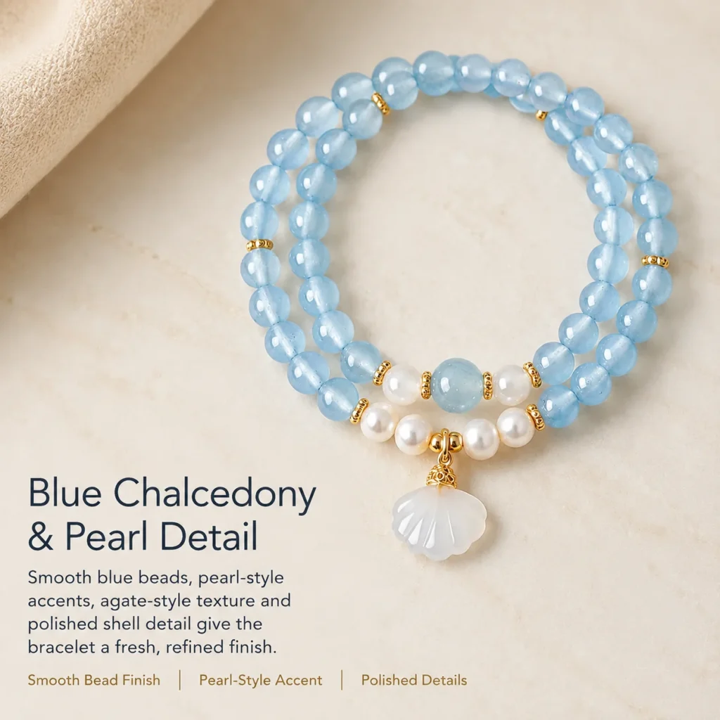 Blue Chalcedony Pearl Agate Shell Double-Wrap Bracelet 4 blue chalcedony pearl agate shell double-wrap bracelet material detail image