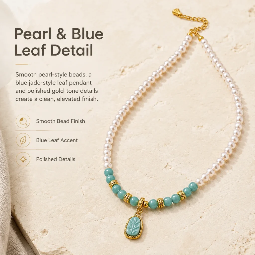 Freshwater Pearl Blue Jade Leaf Necklace 4 freshwater pearl blue jade leaf necklace material detail image