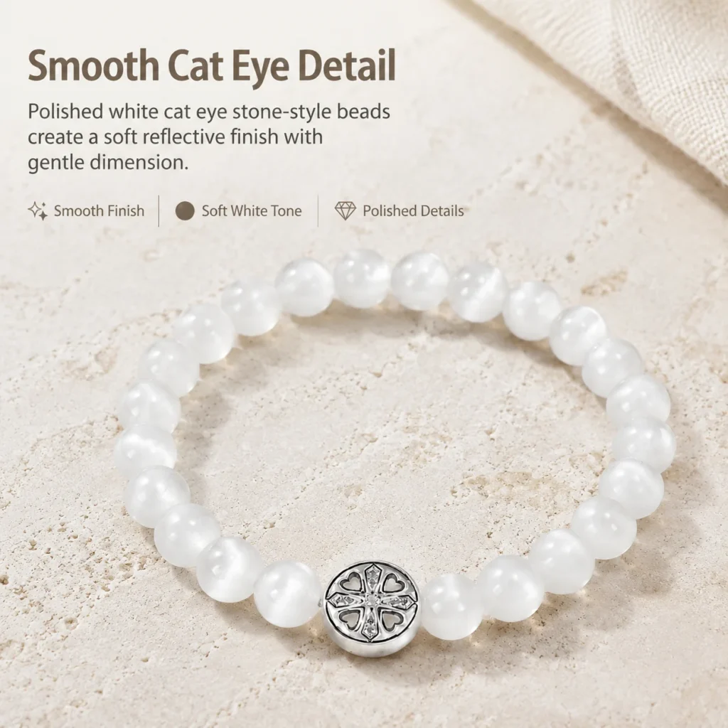 White Cat Eye Stone Beaded Bracelet 4 white cat eye stone beaded bracelet material detail image