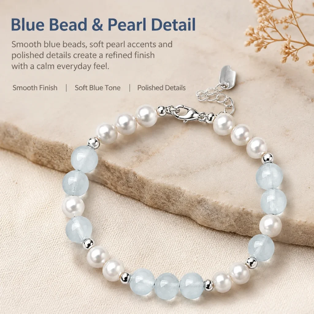 Blue Chalcedony Pearl Beaded Bracelet 4 blue chalcedony pearl beaded bracelet material detail image