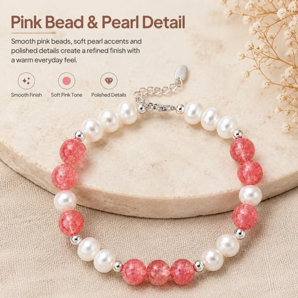 Strawberry Quartz Pearl Beaded Bracelet 4 strawberry quartz pearl beaded bracelet material detail image