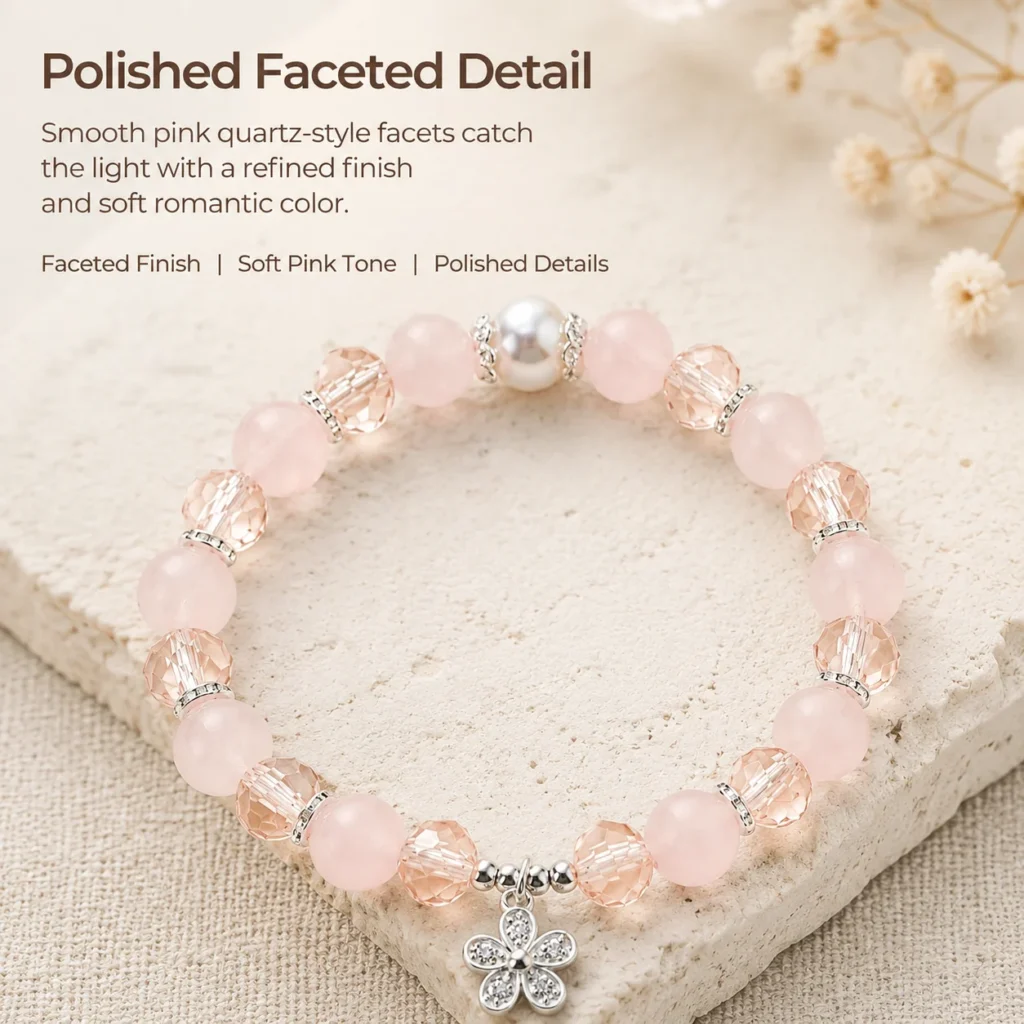 Rose Quartz Faceted Beaded Bracelet 4 rose quartz faceted beaded bracelet material detail image