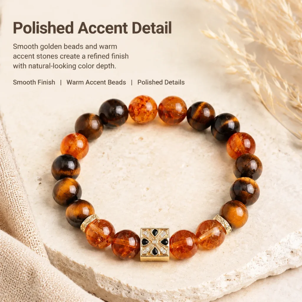 Golden Crystal Tiger Eye Accent Beaded Bracelet 4 golden crystal tiger eye accent beaded bracelet material detail image
