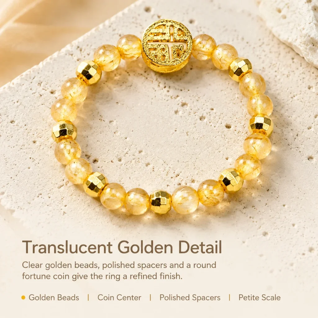 golden rutilated quartz fortune coin beaded ring material detail image