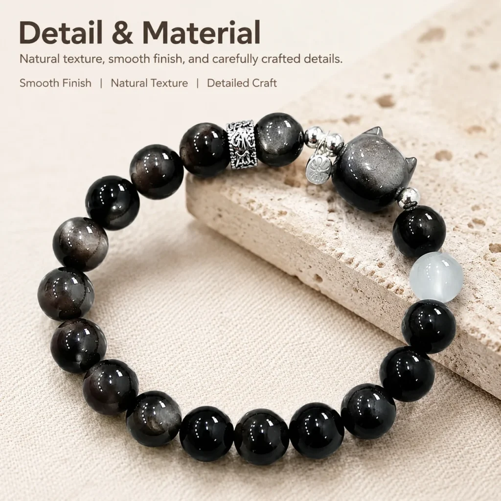 Silver Sheen Obsidian Cat Bracelet 4 silver sheen obsidian cat bracelet material detail image