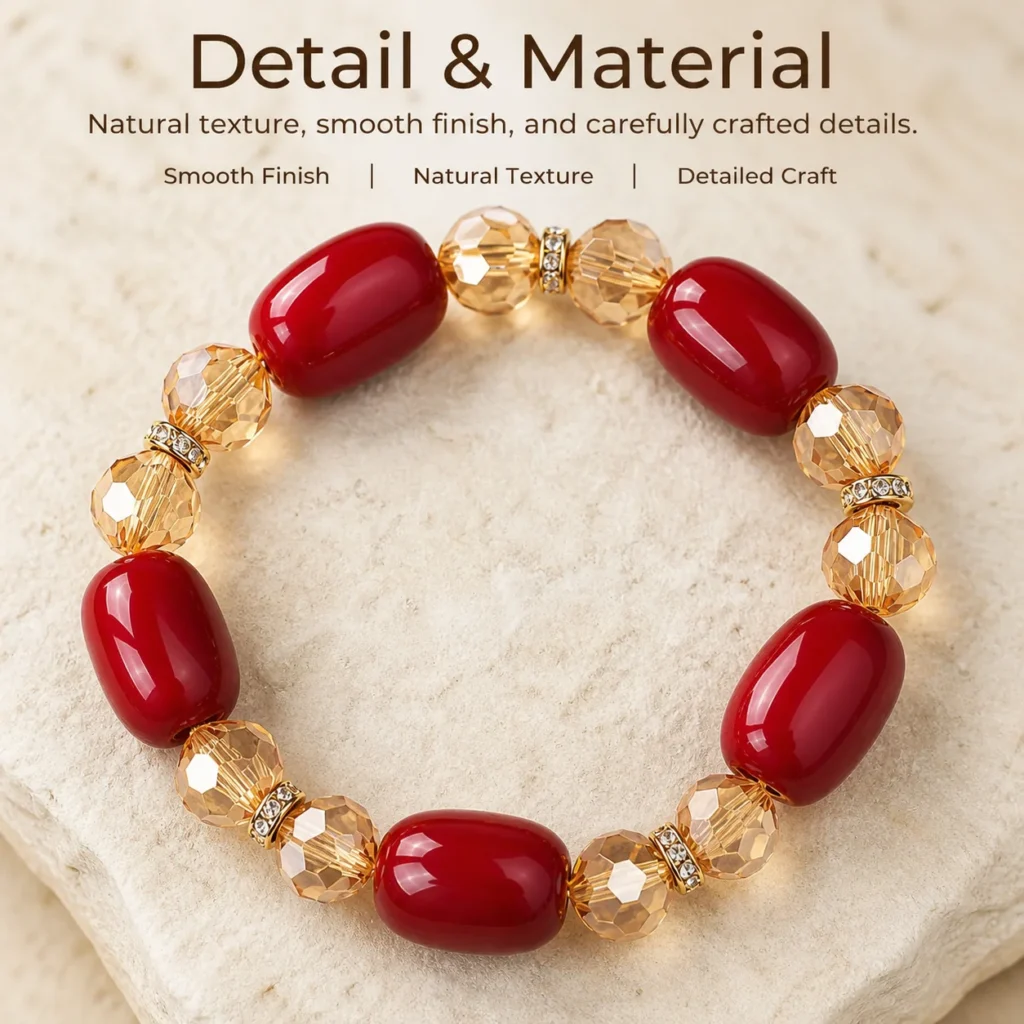 Red Agate Beaded Bracelet - Faceted Crystal Accent 4 red agate beaded bracelet faceted crystal material detail image