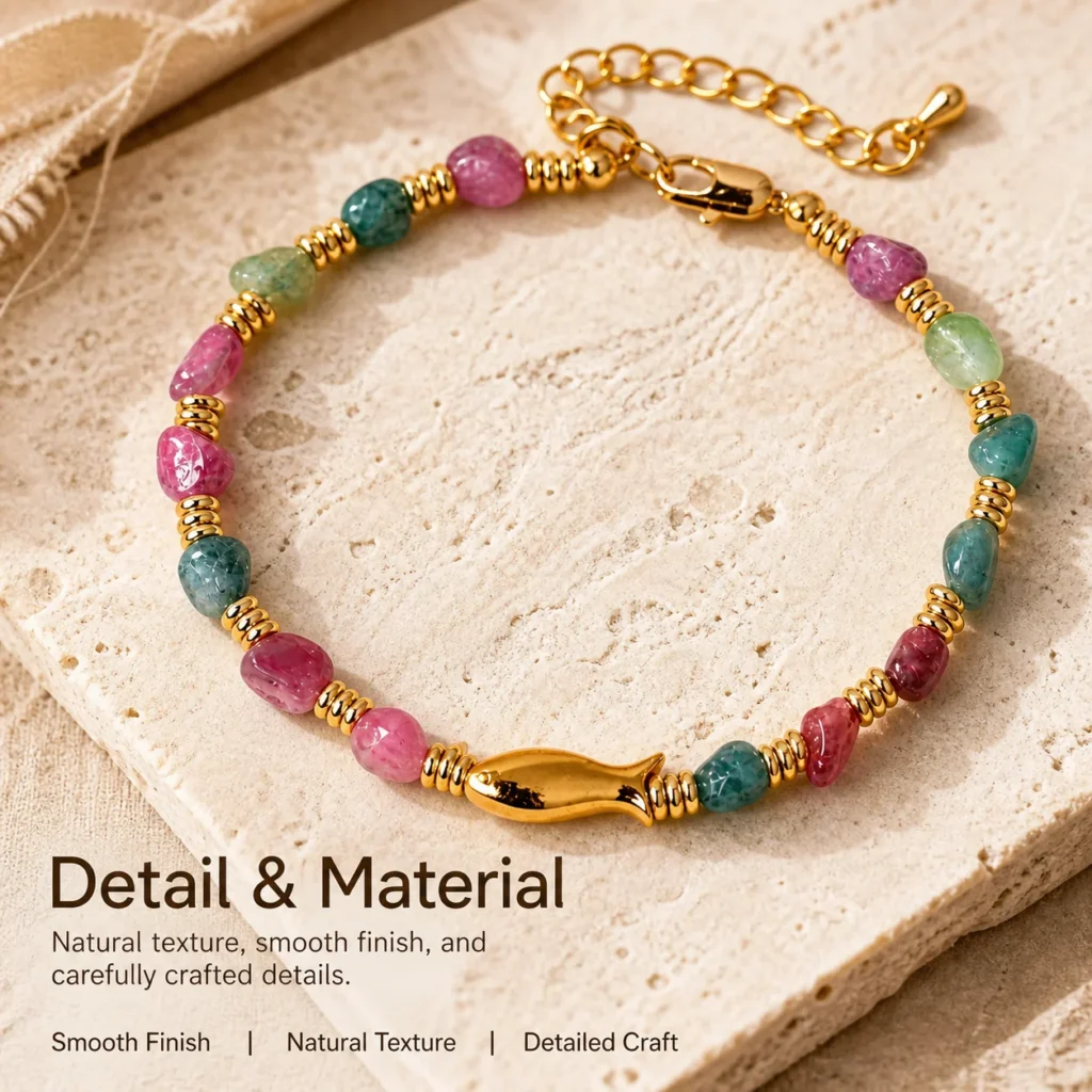 rainbow tourmaline fish charm bracelet material detail image
