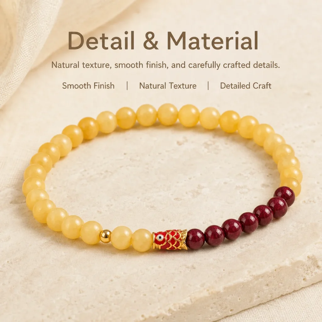yellow jade cinnabar koi bracelet material detail image