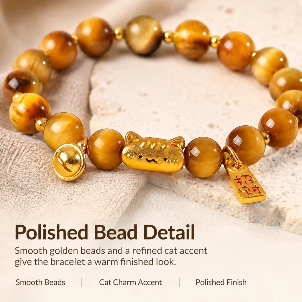 golden tiger eye lucky cat bracelet material detail image