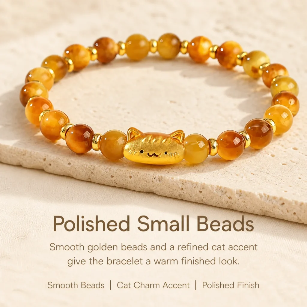 Petite Golden Tiger Eye Lucky Cat Bracelet 4 petite golden tiger eye lucky cat bracelet material detail image