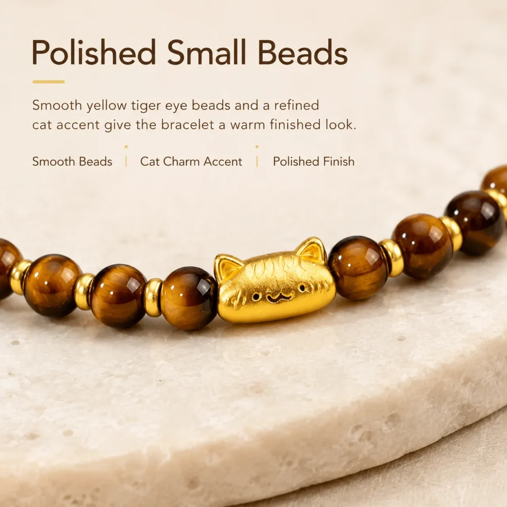 Petite Yellow Tiger Eye Lucky Cat Bracelet 4 petite yellow tiger eye lucky cat bracelet material detail image
