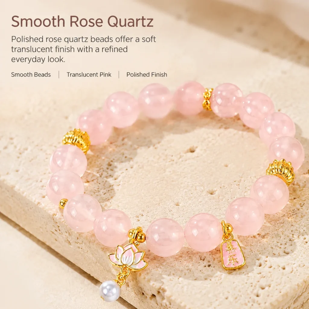 Classic Madagascar Rose Quartz Beaded Bracelet 4 classic madagascar rose quartz beaded bracelet material detail image
