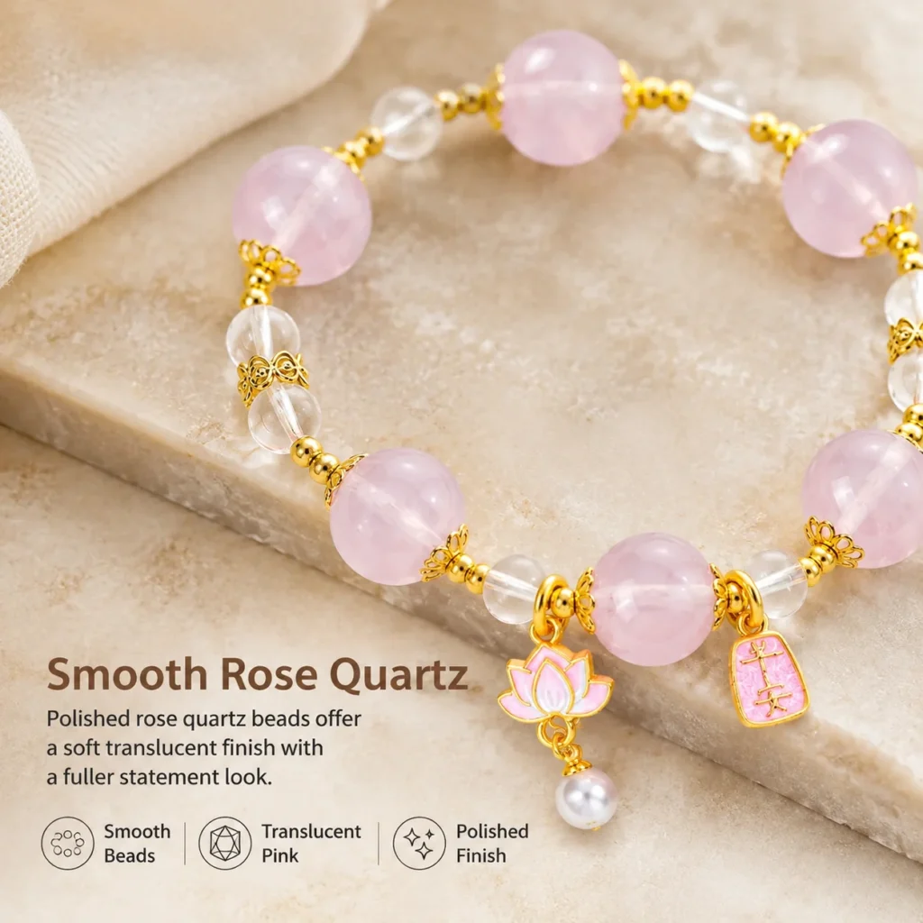 Statement Madagascar Rose Quartz Beaded Bracelet 4 statement madagascar rose quartz beaded bracelet material detail image