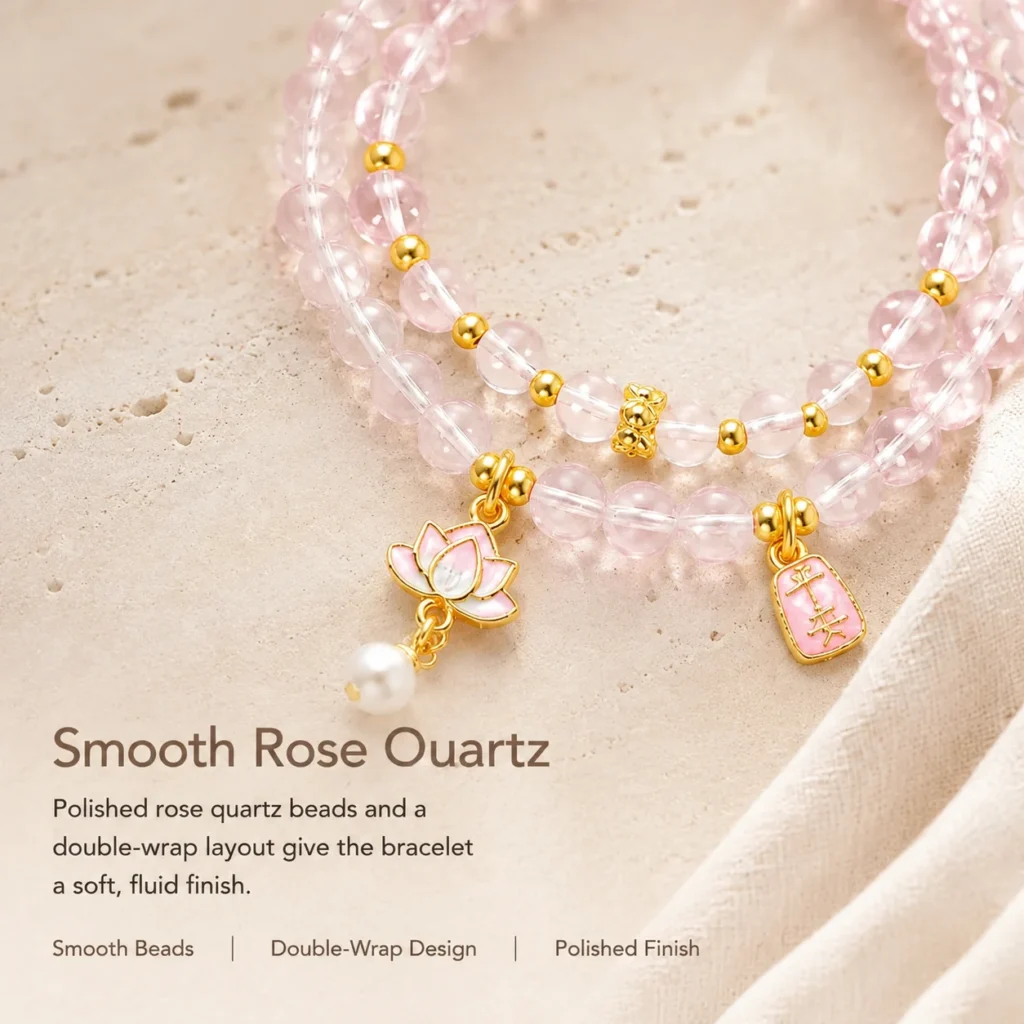 Madagascar Rose Quartz Double-Wrap Bracelet 4 madagascar rose quartz double-wrap bracelet material detail image