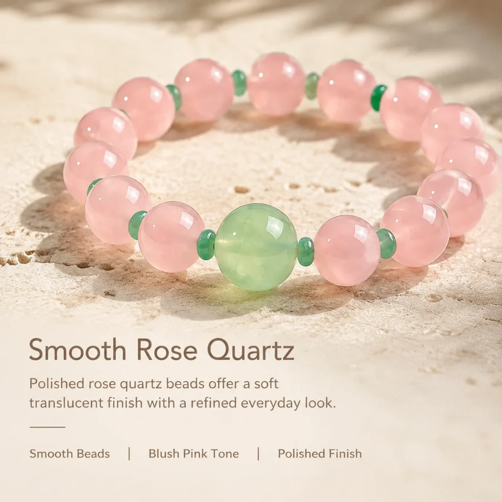 Blush Madagascar Rose Quartz Beaded Bracelet 4 blush madagascar rose quartz beaded bracelet material detail image