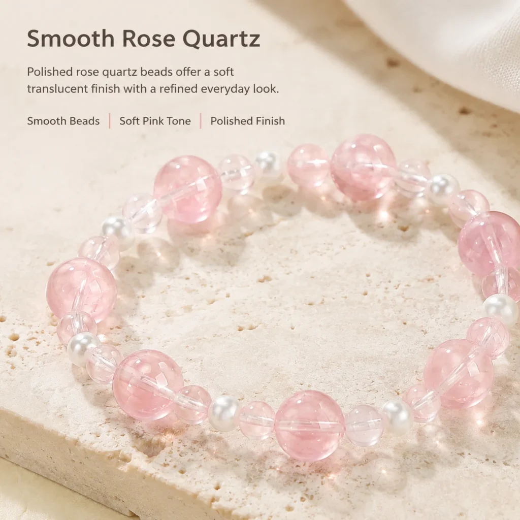 petite rose quartz beaded bracelet material detail image