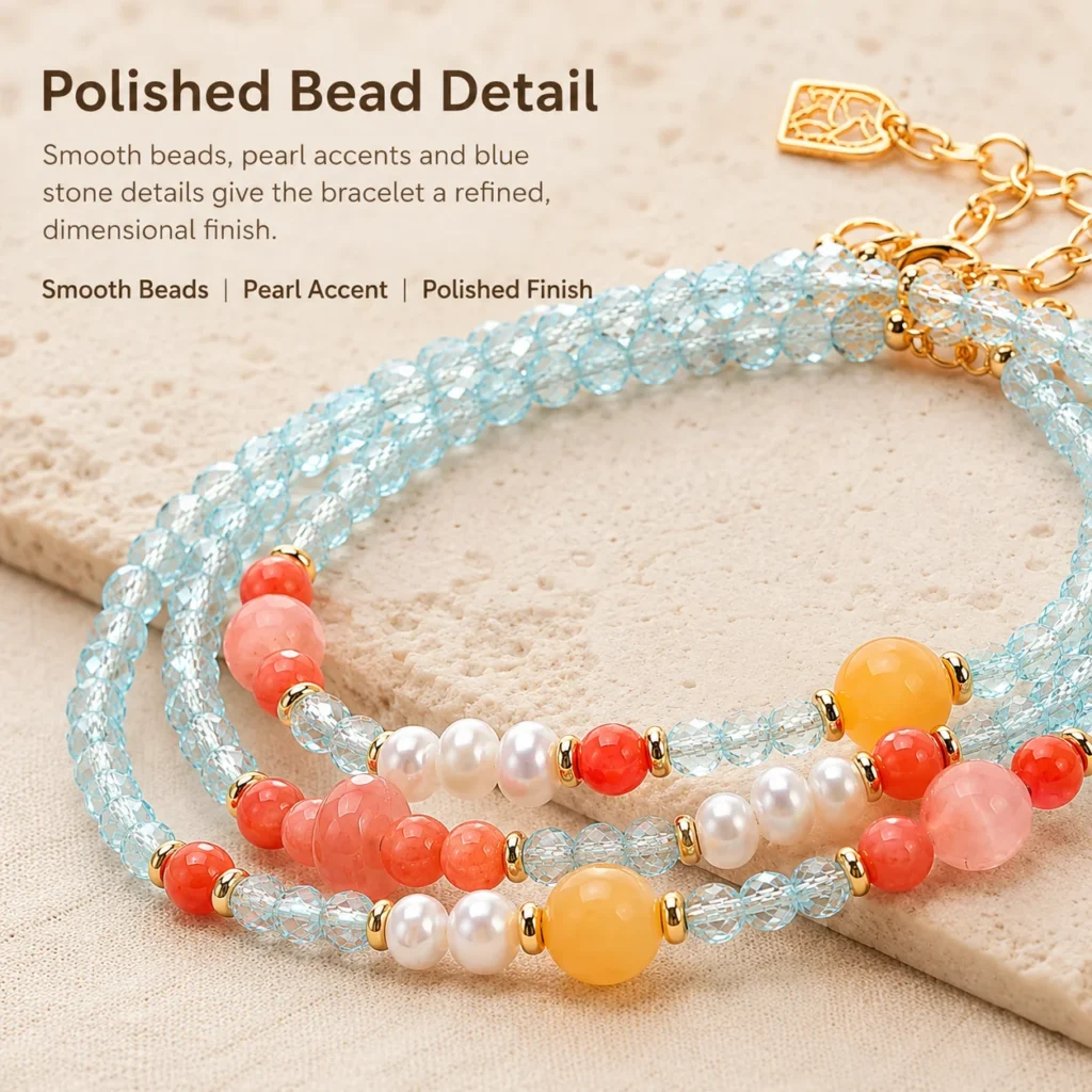 blue zircon pearl triple-wrap bracelet material detail image