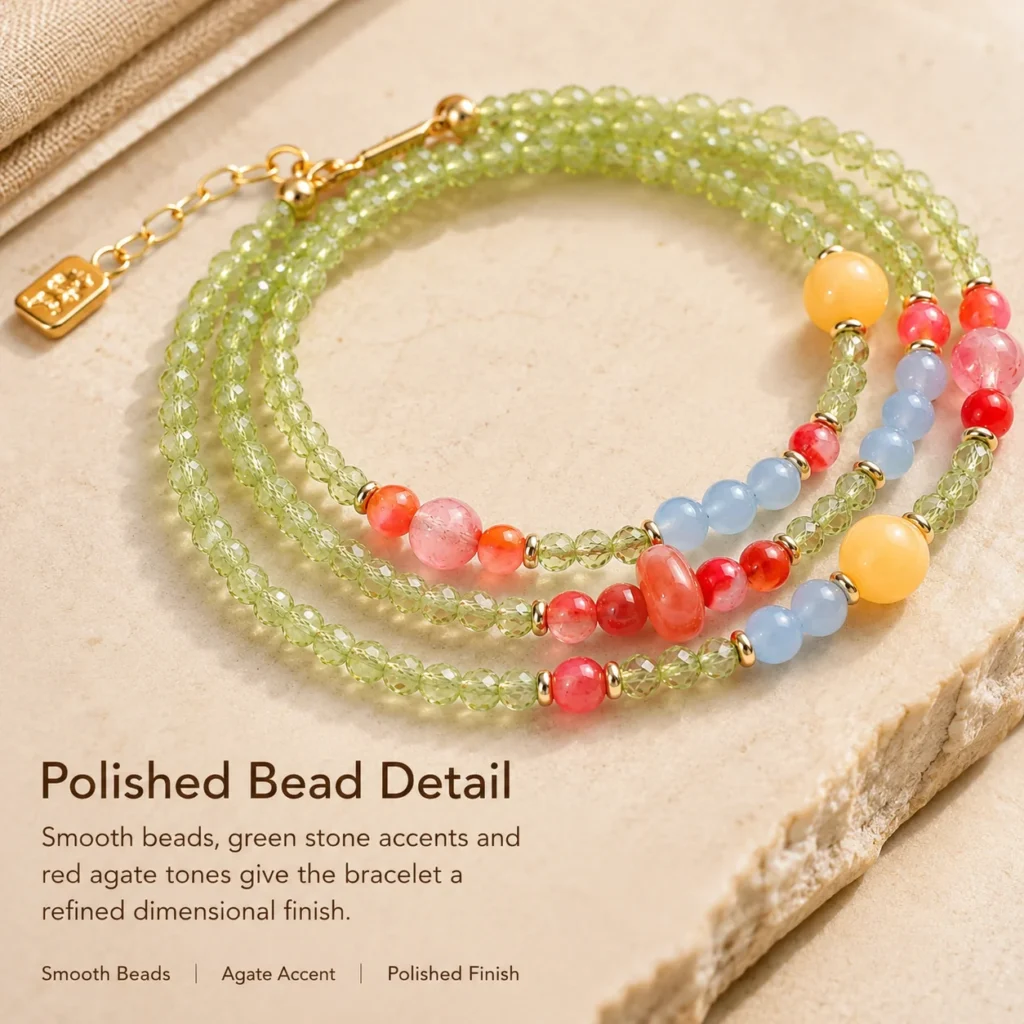 Green Zircon South Red Agate Triple-Wrap Bracelet 4 green zircon south red agate triple-wrap bracelet material detail image