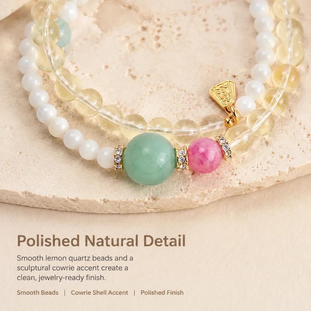 Lemon Quartz Cowrie Double-Wrap Bracelet 4 lemon quartz cowrie double-wrap bracelet material detail image