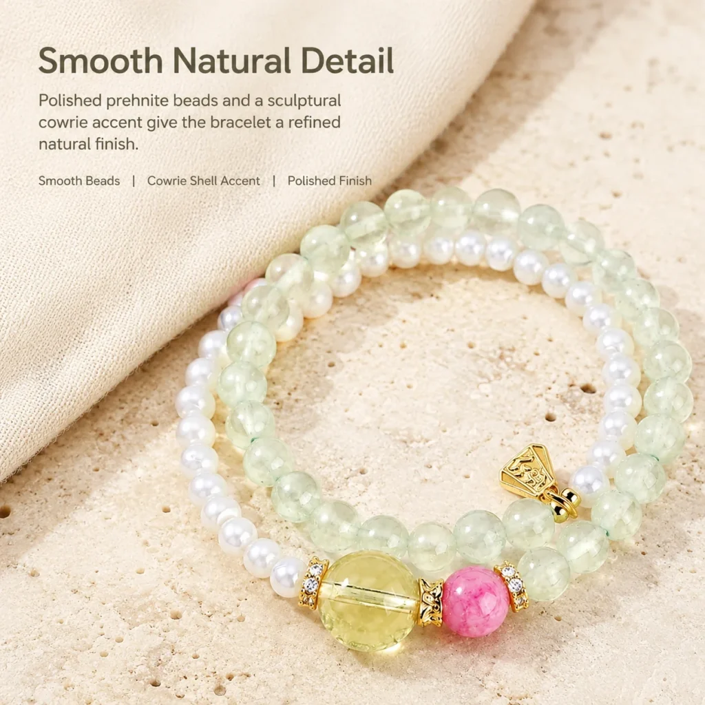 Prehnite Cowrie Double-Wrap Bracelet 4 prehnite cowrie double-wrap bracelet material detail image