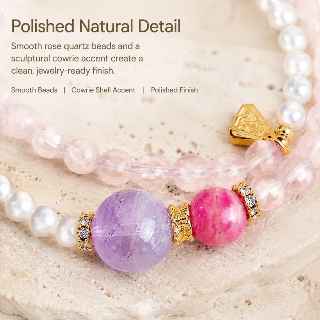 Rose Quartz Cowrie Double-Wrap Bracelet 4 rose quartz cowrie double-wrap bracelet material detail image