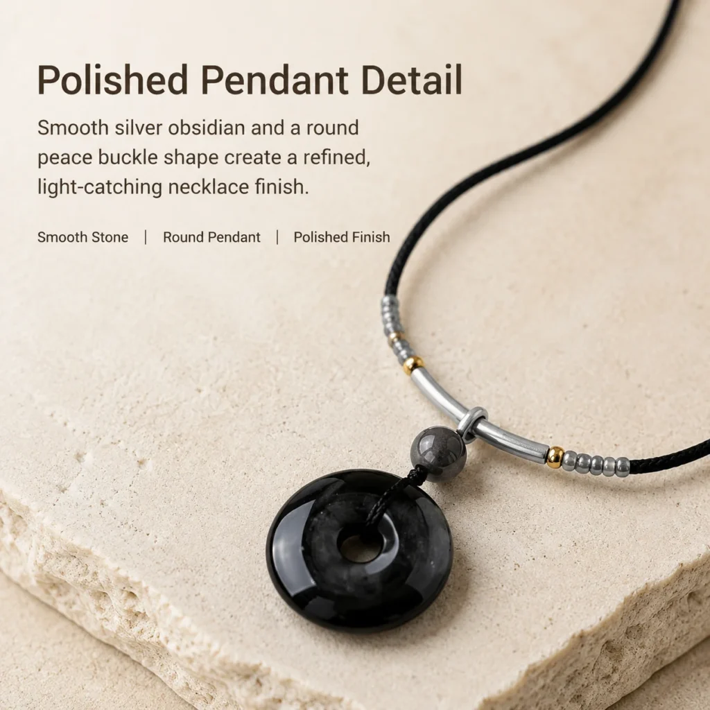 Silver Obsidian Peace Buckle Necklace 4 silver obsidian peace buckle necklace material detail image