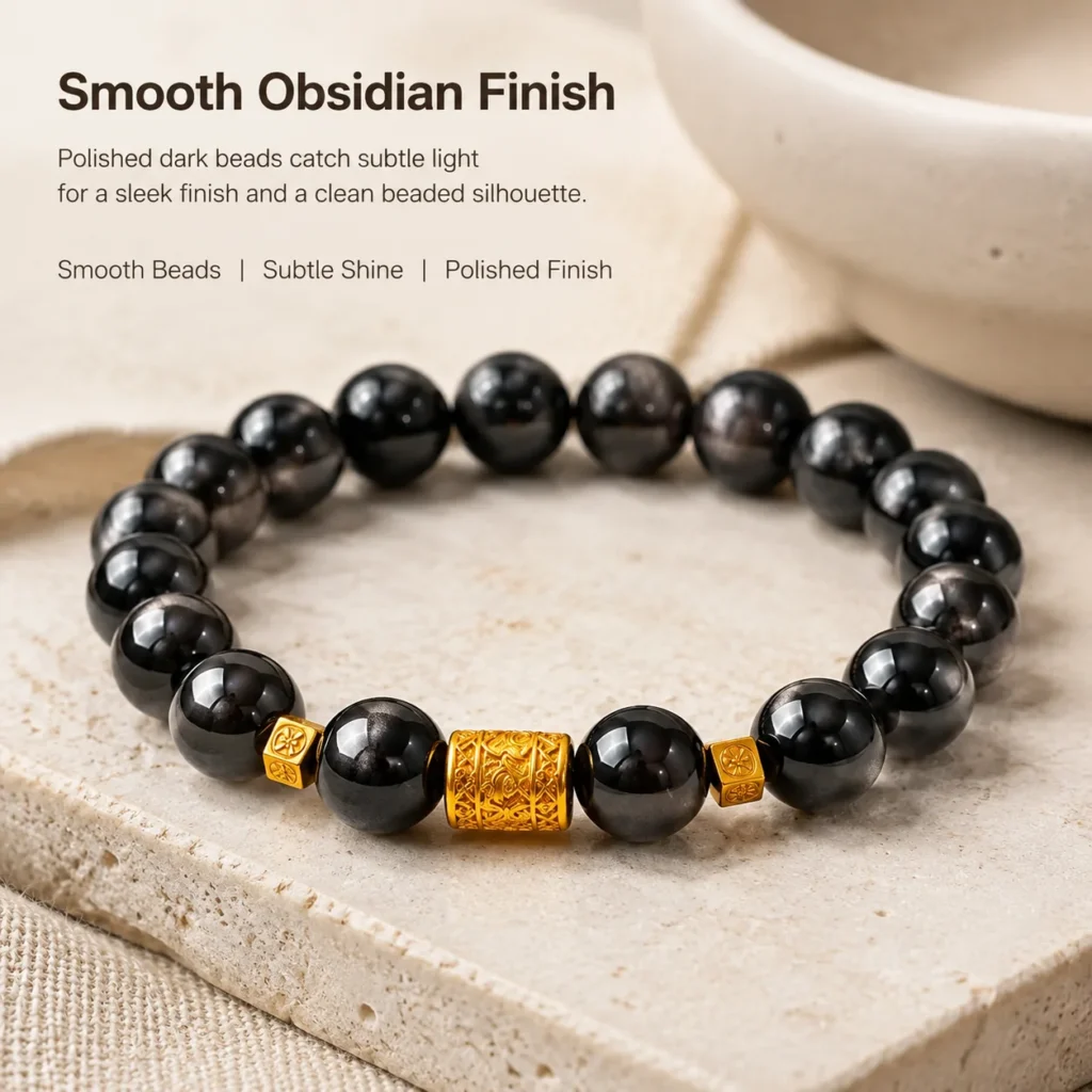 Silver Obsidian Beaded Bracelet 4 silver obsidian beaded bracelet material detail image