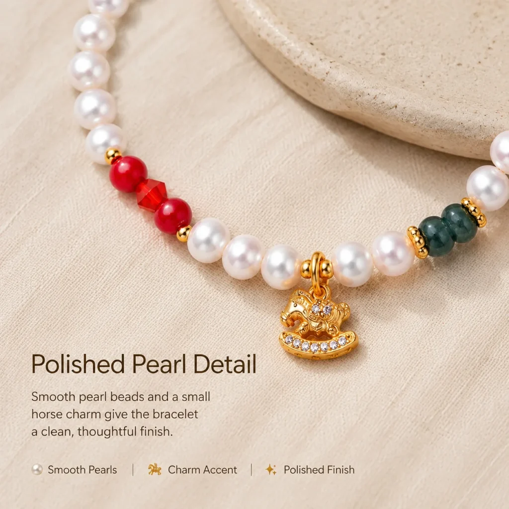 pearl horse charm beaded bracelet material detail image