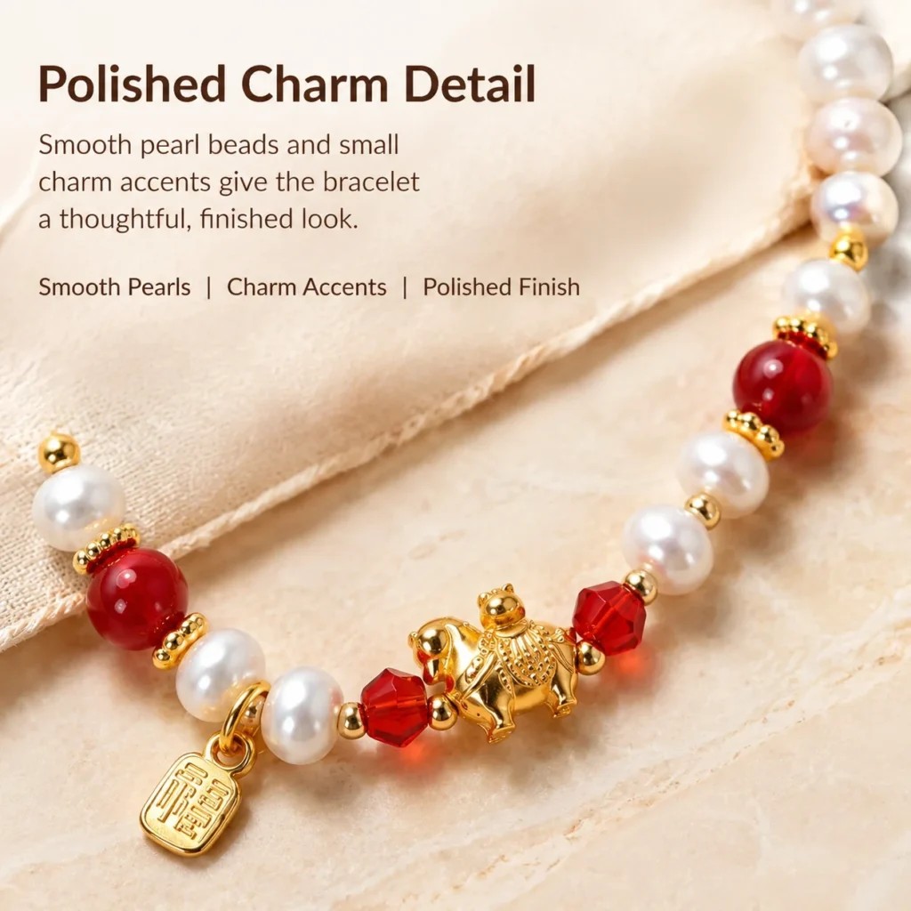pearl horse fu charm beaded bracelet material detail image
