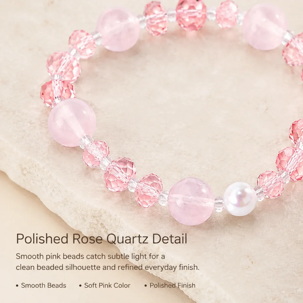 rose quartz beaded bracelet material detail image