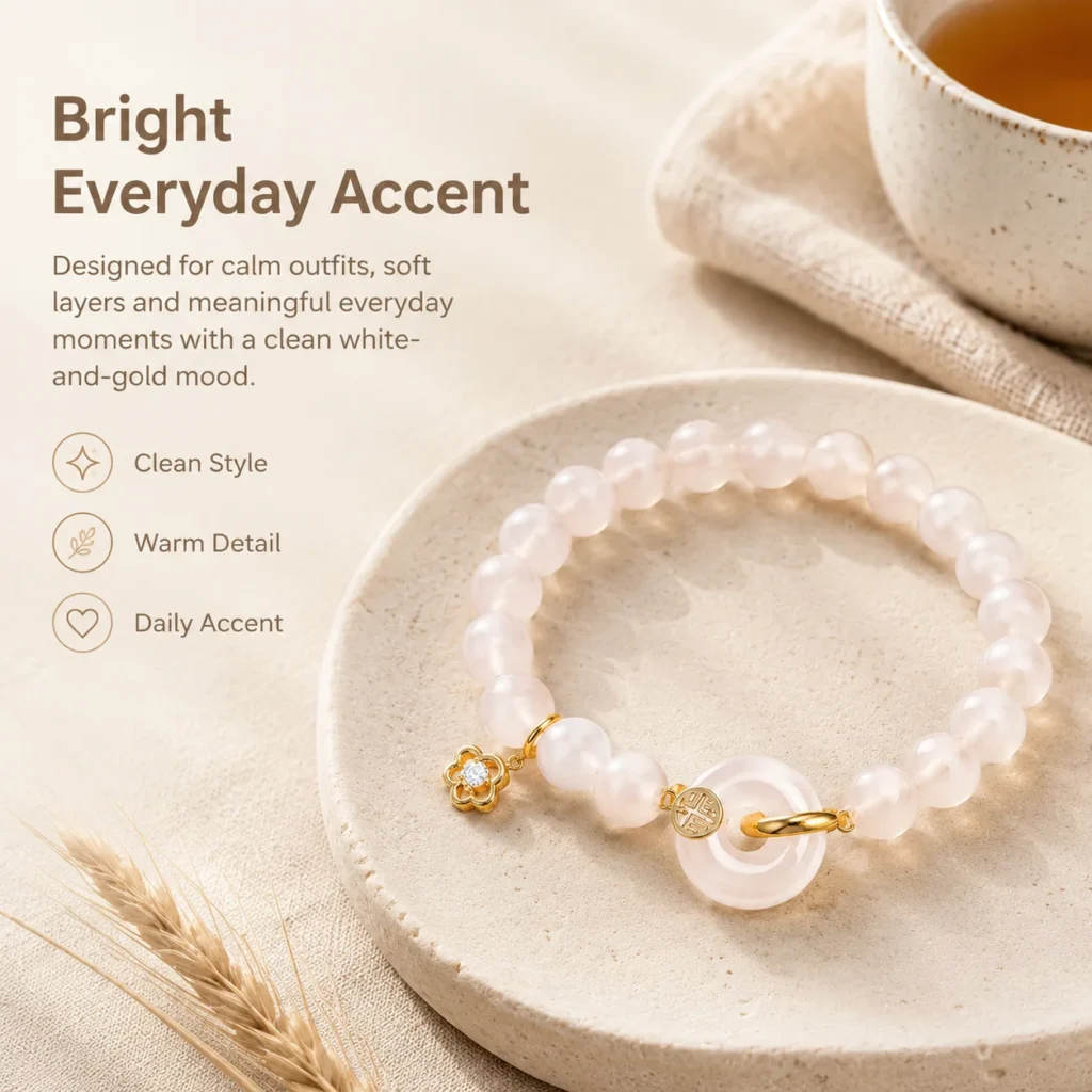 white agate gold fu charm bracelet lifestyle still life image