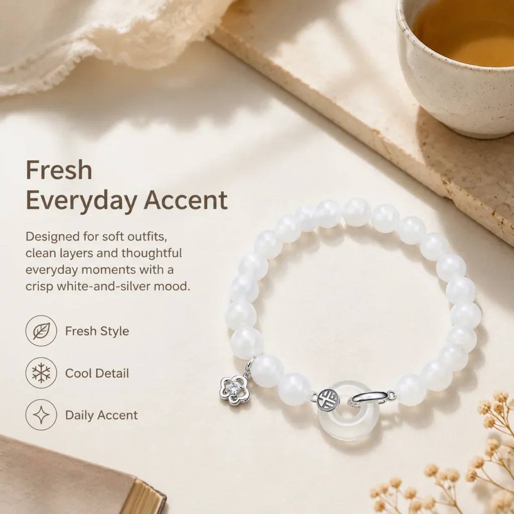 white agate silver fu charm bracelet lifestyle still life image