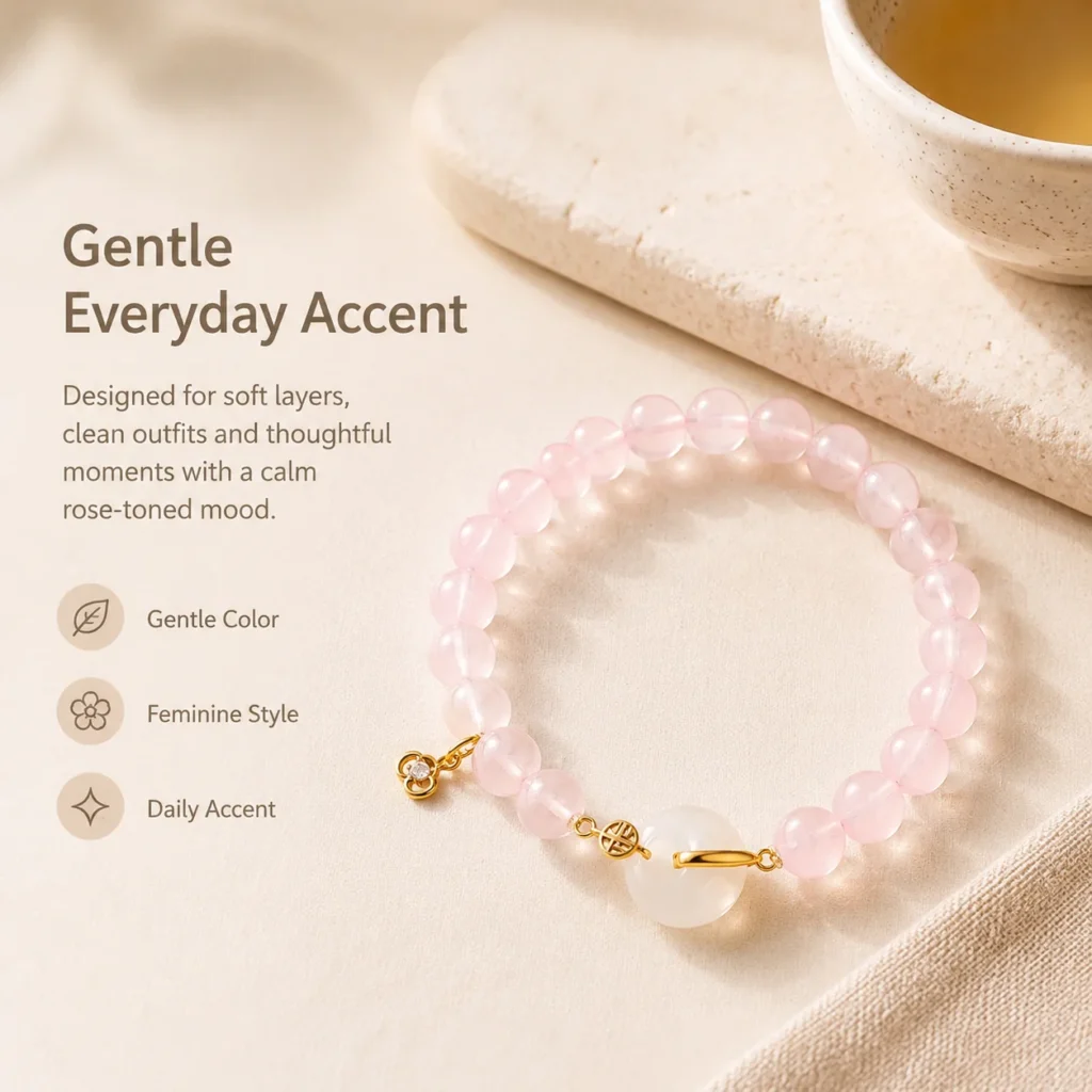 translucent rose quartz fu charm bracelet lifestyle still life image