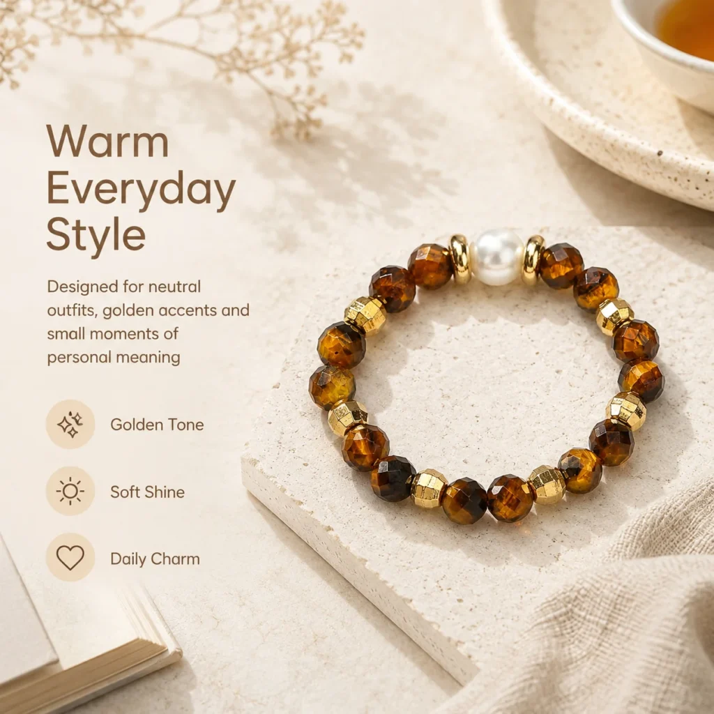 Yellow Tiger Eye Pearl Beaded Ring 5 yellow tiger eye pearl beaded ring lifestyle still life image