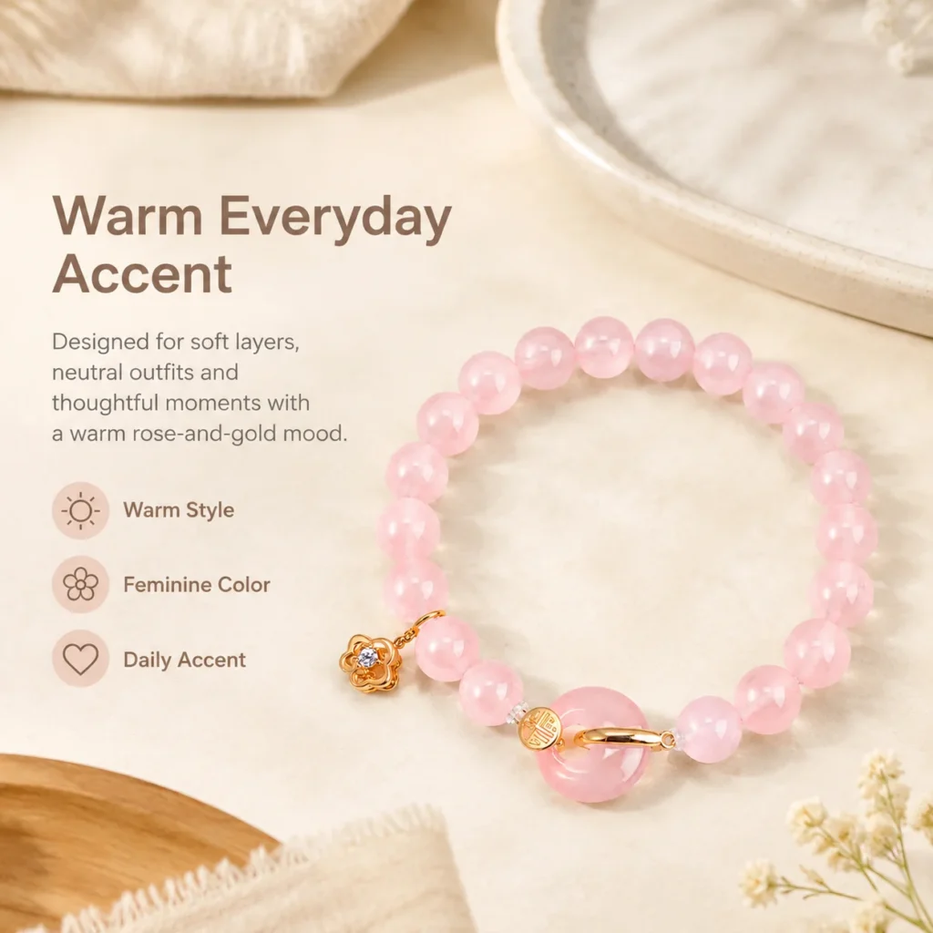 rose quartz gold fu charm bracelet lifestyle still life image