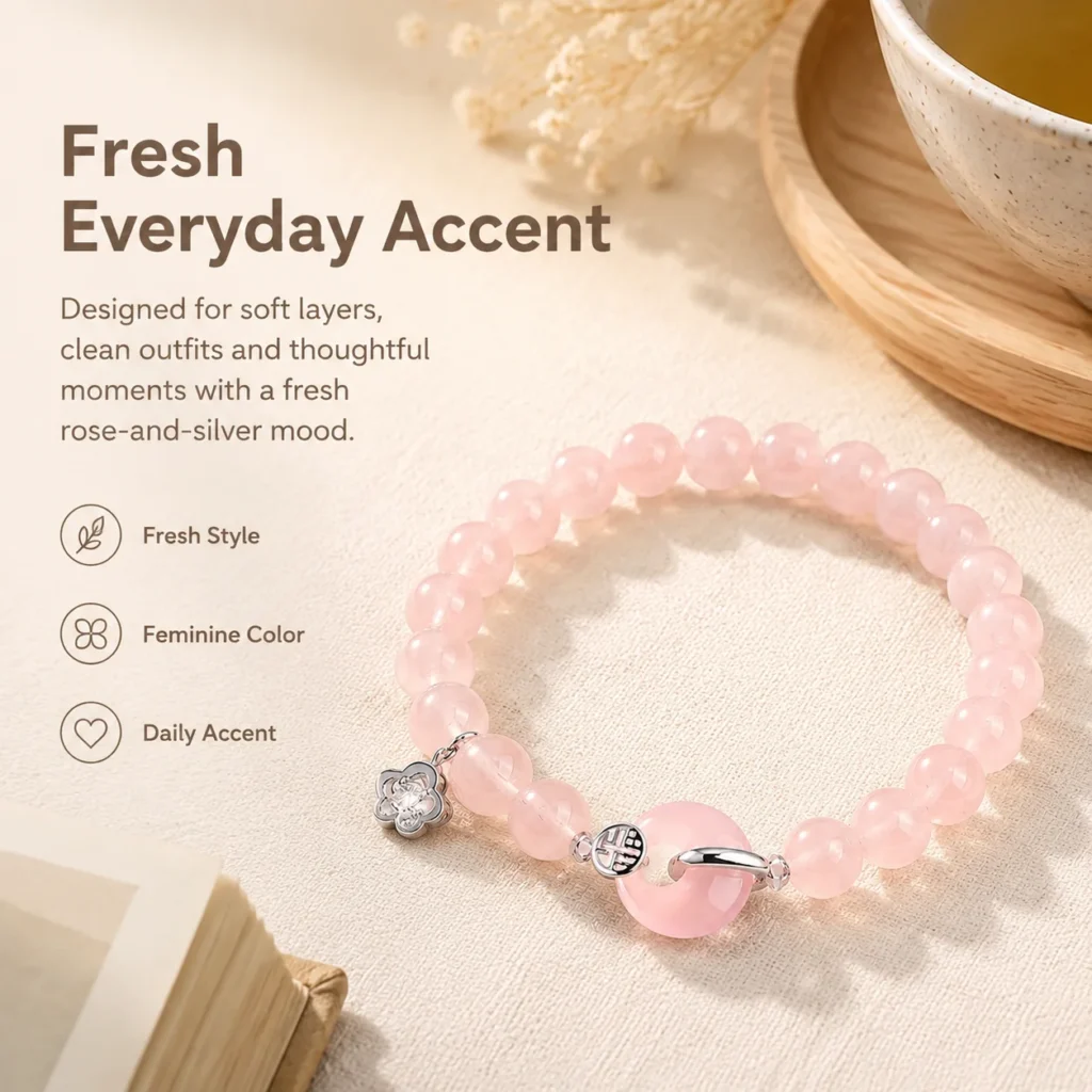 Rose Quartz Silver Fu Charm Bracelet 5 rose quartz silver fu charm bracelet lifestyle still life image