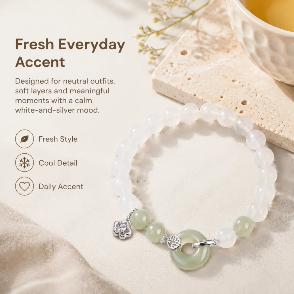 White Agate Hetian Jade Silver Bracelet 5 white agate hetian jade silver bracelet lifestyle still life image