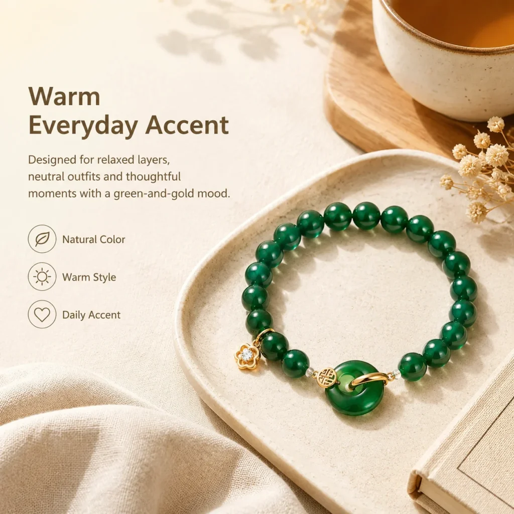 Green Agate Gold Fu Charm Bracelet 5 green agate gold fu charm bracelet lifestyle still life image