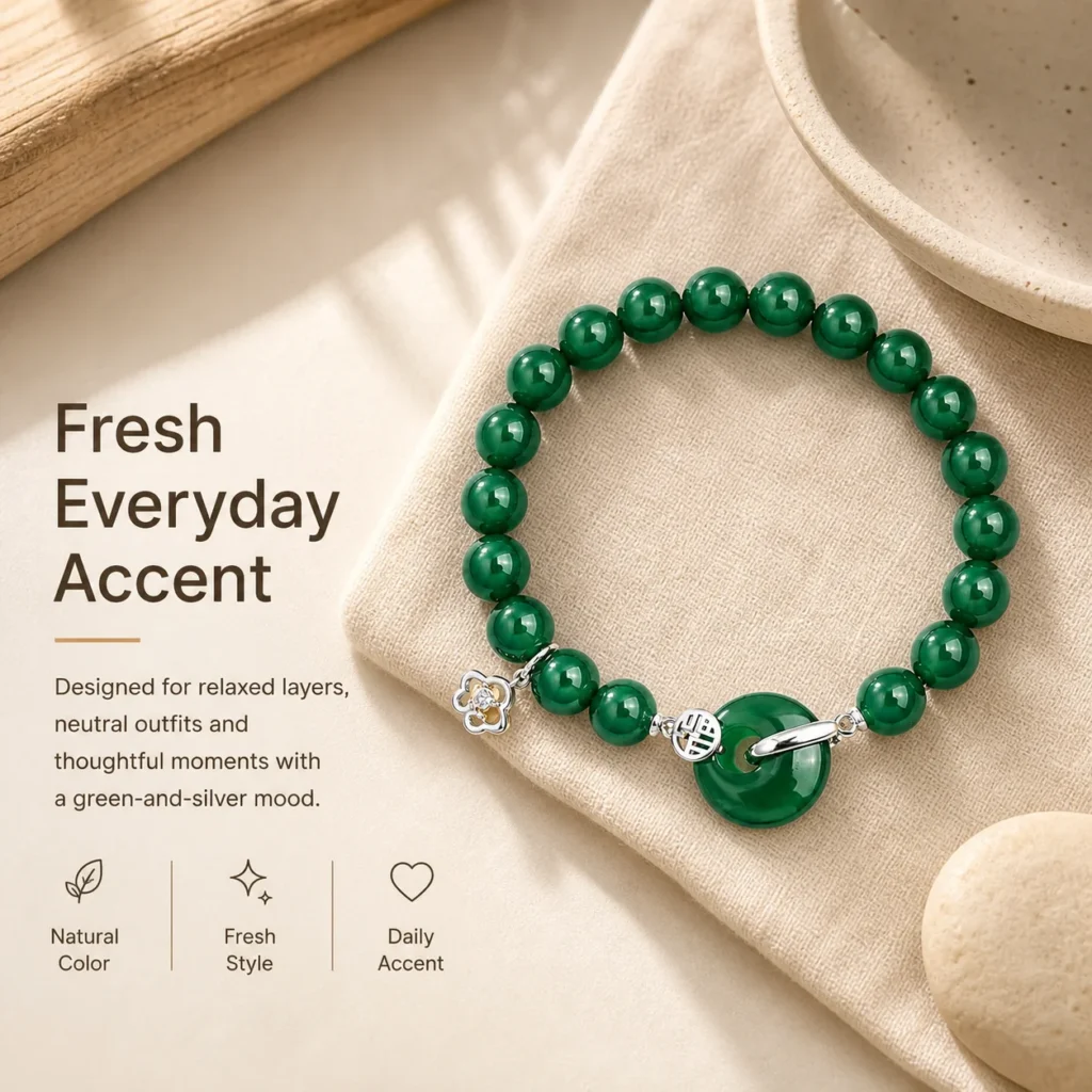 green agate silver fu charm bracelet lifestyle still life image