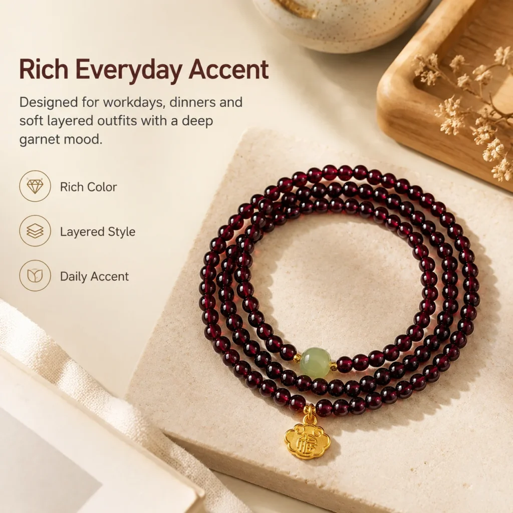 garnet hetian jade triple-wrap fu lock bracelet lifestyle still life image