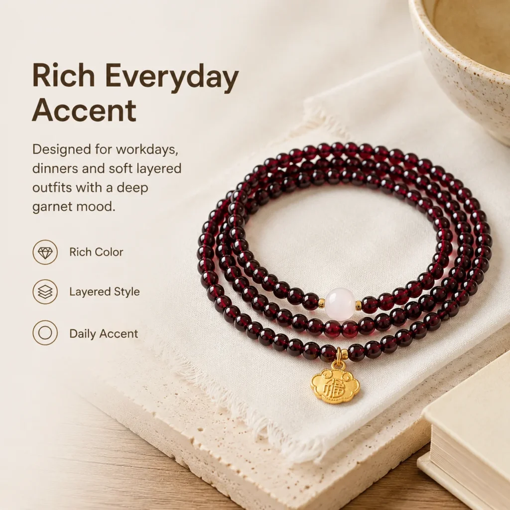 Garnet White Jade Triple-Wrap Fu Lock Bracelet 5 garnet white jade triple-wrap fu lock bracelet lifestyle still life image