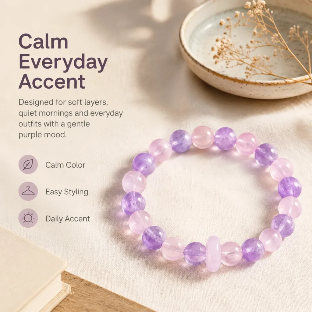 amethyst purple crystal beaded bracelet lifestyle still life image