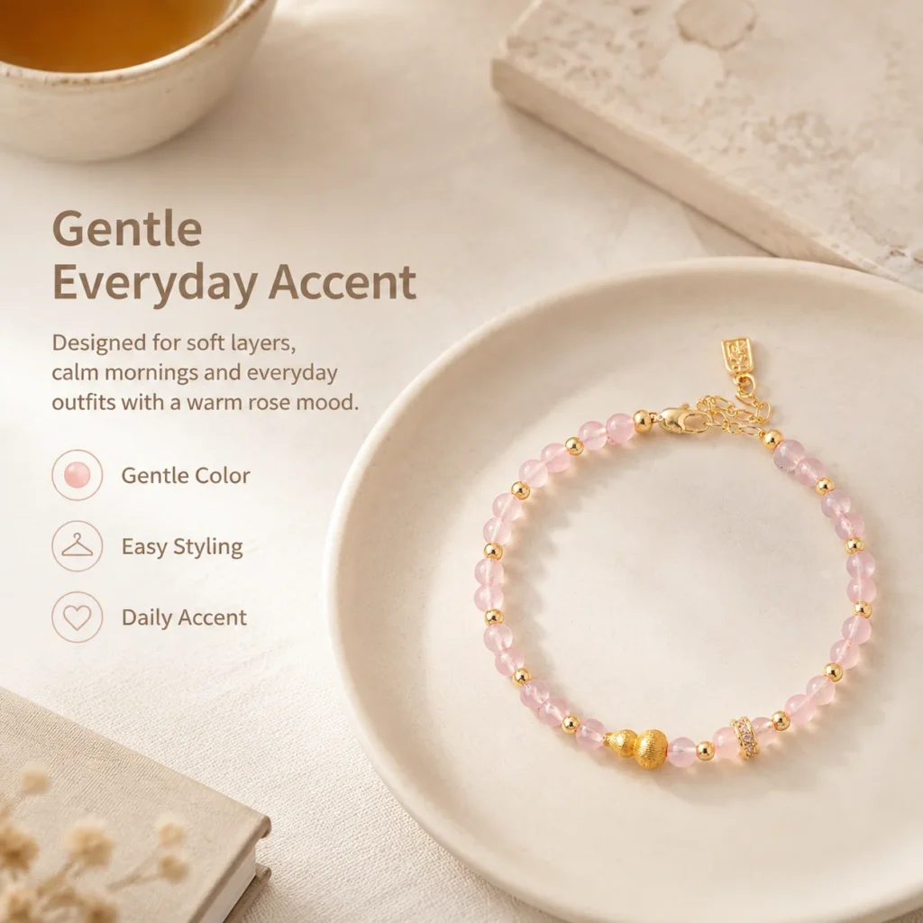 Rose Quartz Gourd Beaded Bracelet 5 rose quartz gourd beaded bracelet lifestyle still life image