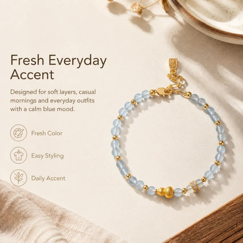 blue chalcedony gourd beaded bracelet lifestyle still life image