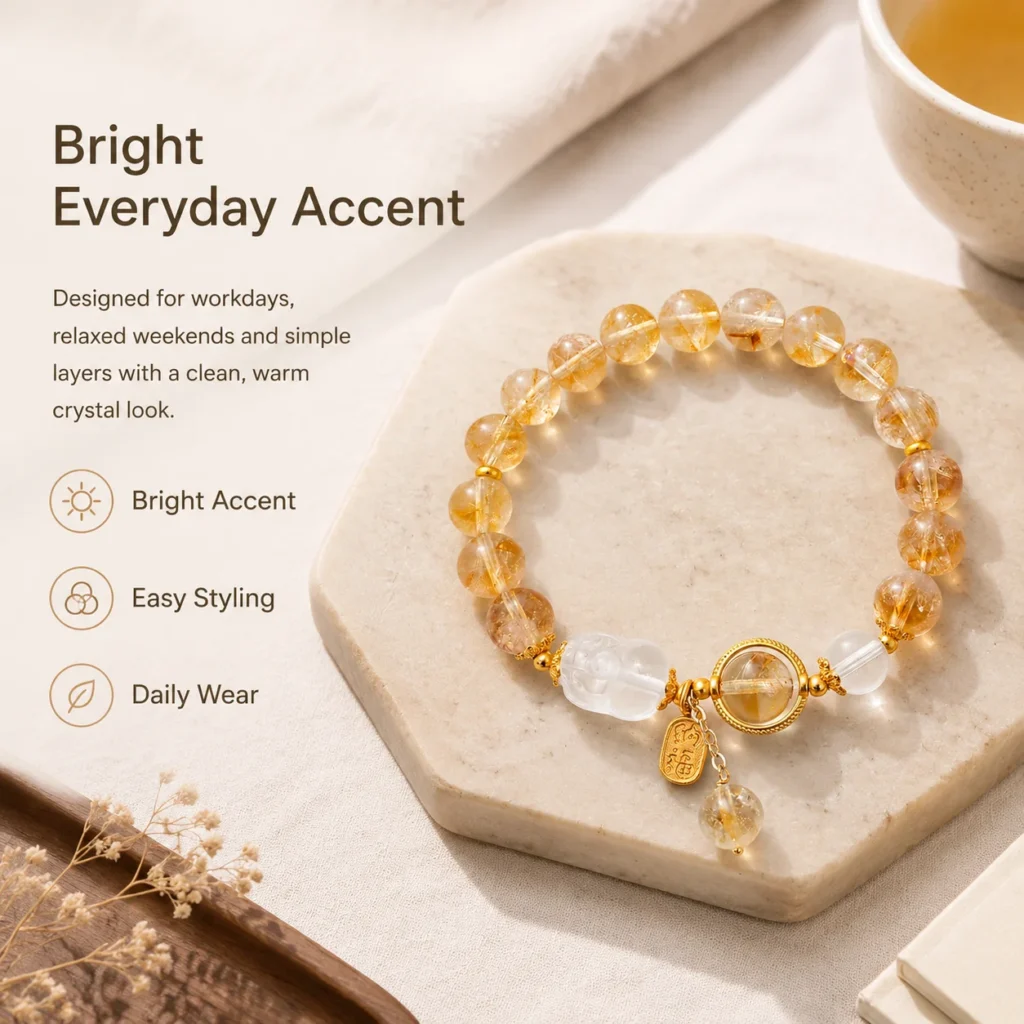 white quartz pixiu bracelet with yellow crystal beads lifestyle still life image