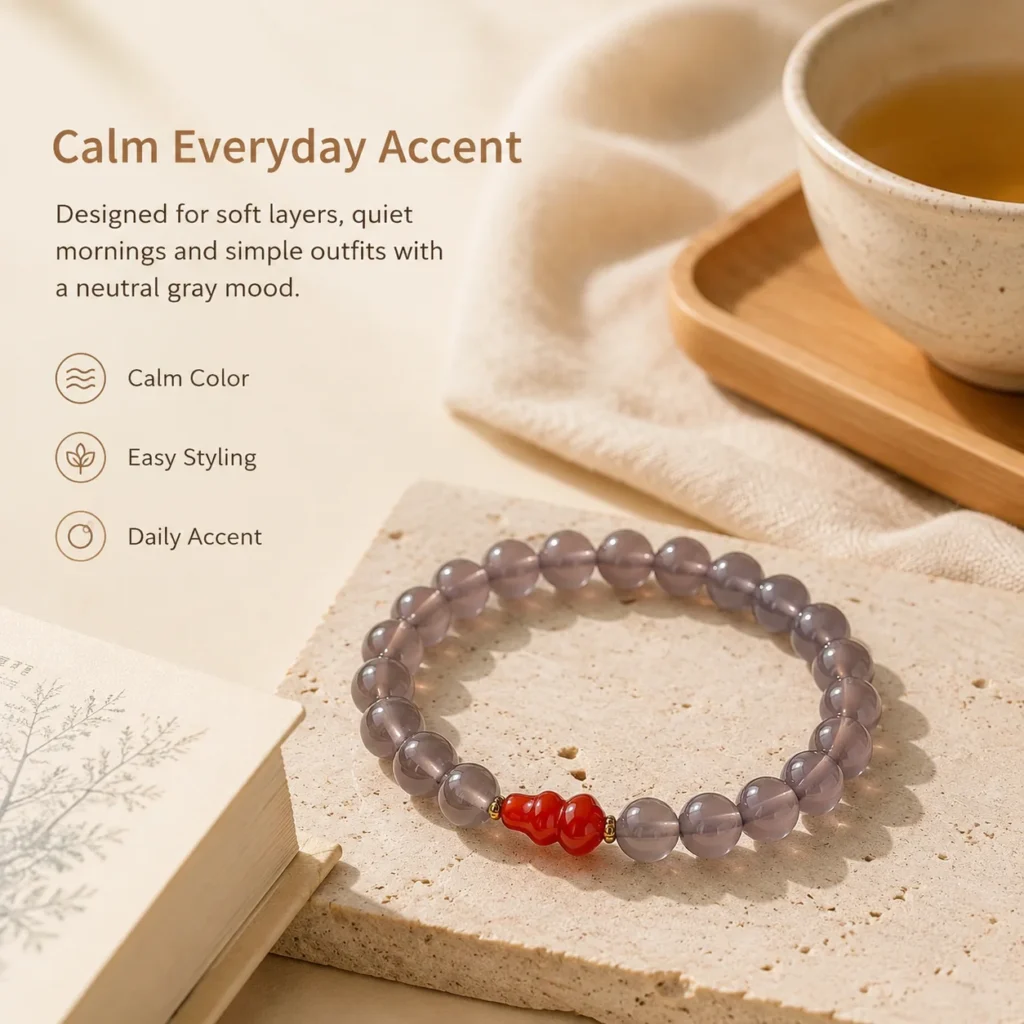 gray agate gourd beaded bracelet lifestyle still life image