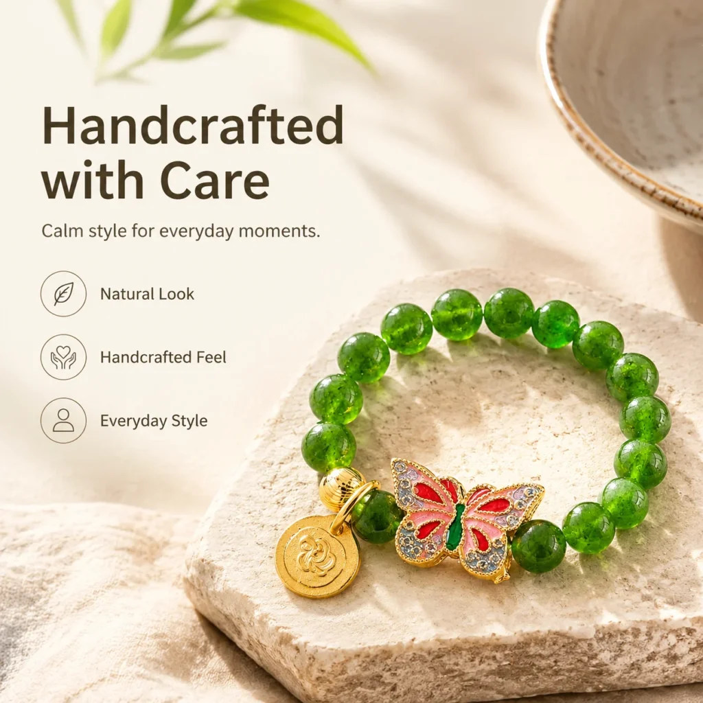 green chalcedony butterfly beaded ring lifestyle still life image
