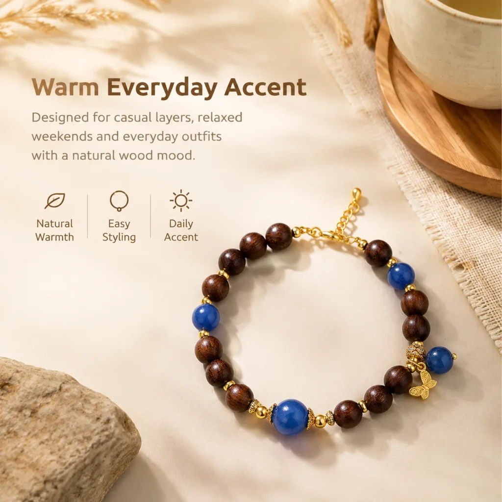 Golden Sandalwood Lapis Butterfly Bracelet with Extender Chain 5 golden sandalwood lapis butterfly bracelet with extender chain lifestyle still life image
